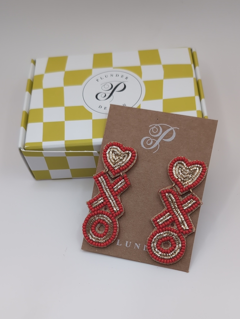 Plunder Designs XOXO Red & Gold Beaded Dangle Earrings New In Box - Picture 3 of 5